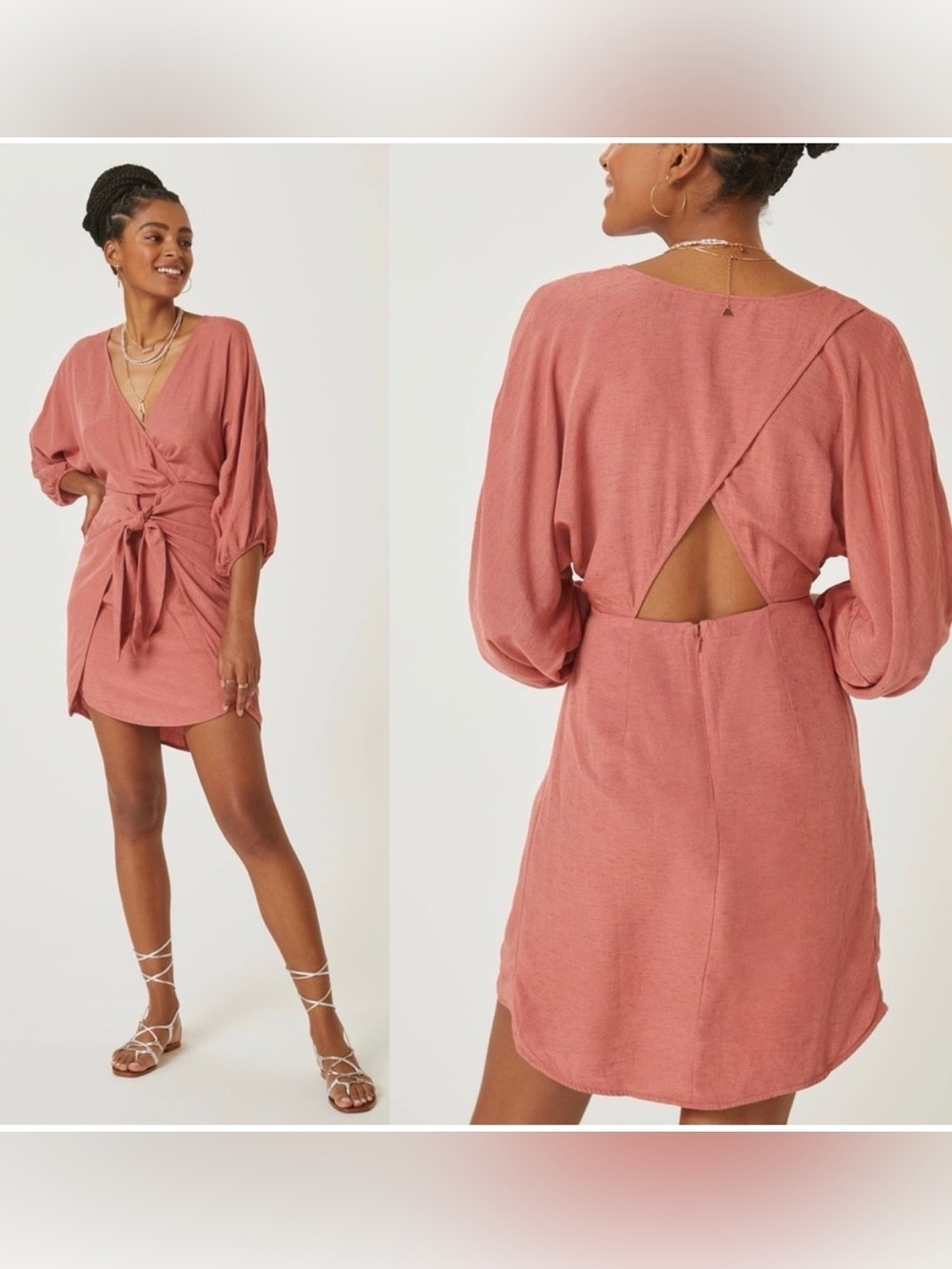 Anthropologie Rose Pink Wrap Knot-Front Mini Dress Size 2